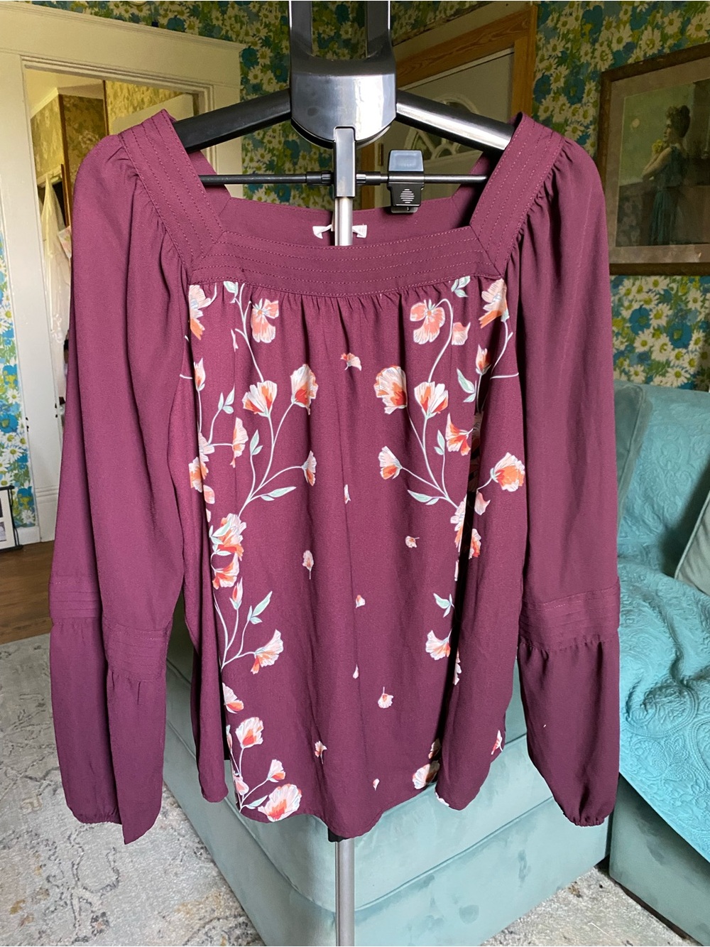 LC Lauren Conrad Burgundy Floral Off-Shoulder Blouse